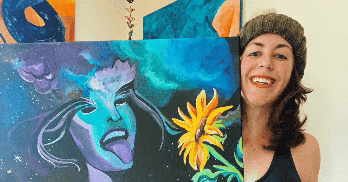 Featured Blog Images Feb 2023 Newsletter (1) image a of Kate DeCoste smiling beside her painting